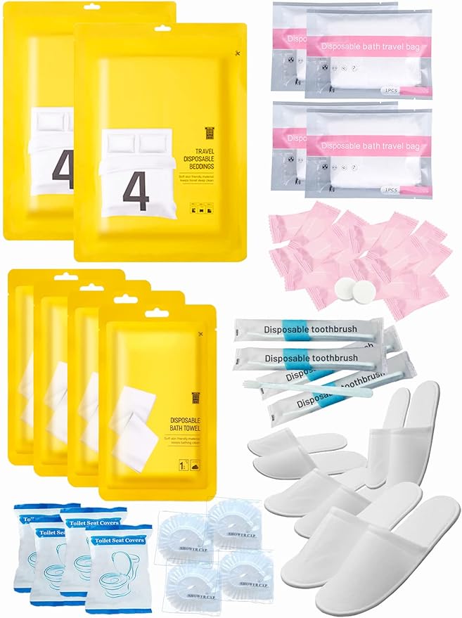 Extguds Disposable Travel Set : Bed Sheet×2+Duvet Cover×2+Pillow case×4+Bath Towels×4+Shower Caps×4+Plastic Bathtub Bag×4+Toilet Seat Covers×4+Compression face Towel×16+Toothbrushes×4+Slippers×4