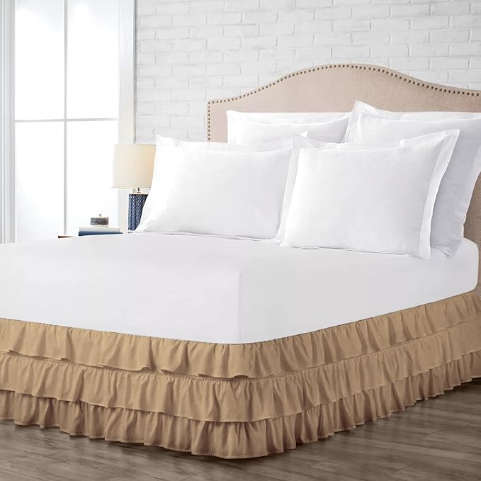 Multi-Ruffle Bed Skirt, Soft Multi Elastic Dust Ruffles with Wrap Around Bed Skirt Easy Fit with 18 Inch Drop 100% Cotton 800 Thread Count (Olympic Queen, Taupe)