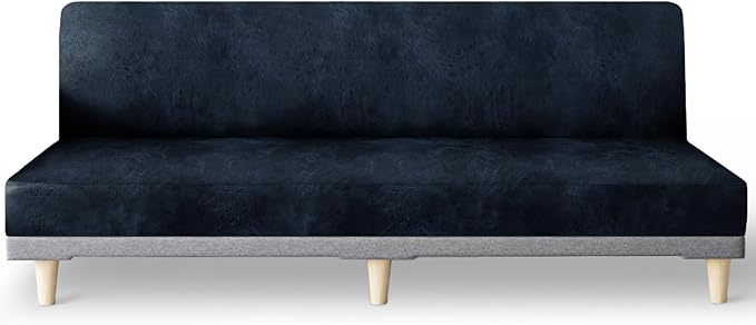 molasofa Leather Like Stretch Futon Slipcover Armless Futon Bed Sofa Cover Furniture Protector with Elastic Bottom, Soft and Washable Futon Cover for Sofa Bed Stay in Place（X Larger, Navy Blue）