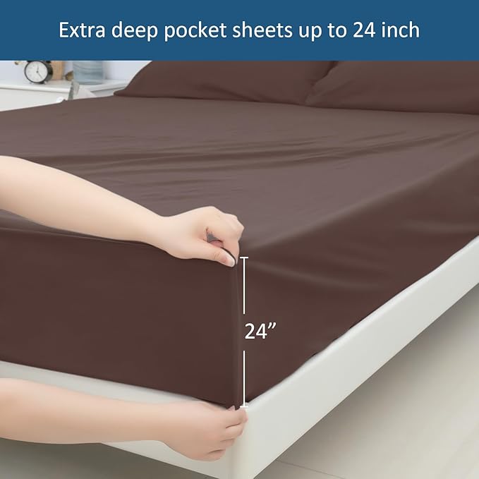 Moonsea Queen Sheet Set for Air Mattress - Sheets Queen Size Bed Set - 3Pcs Side Storage Pocket Fitted Sheet & Pillowcases Easily Fits 16in to 24in Pillow Top Air Bed Mattress - Brown