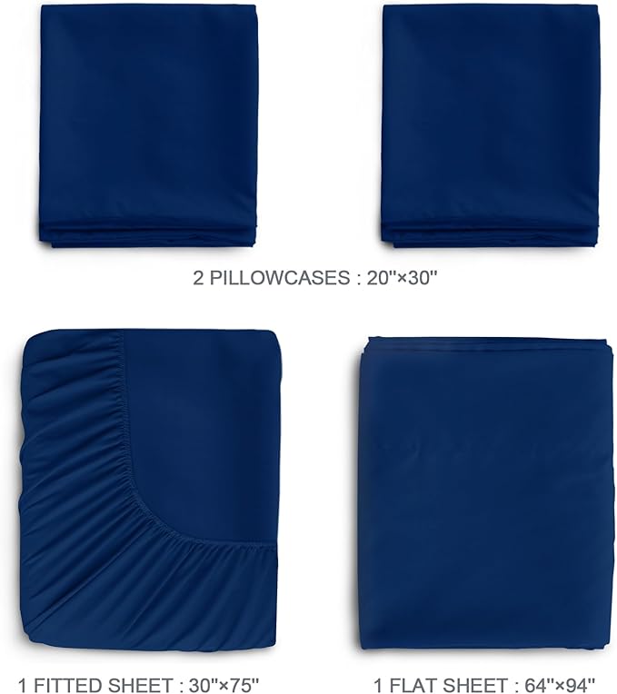 Springspirit 30" x 75" x 9" Cot Sheets, 4-Piece Set, Fitted Sheets for Twin/Camp Bunk/RV Bunk/Guest Beds, Navy