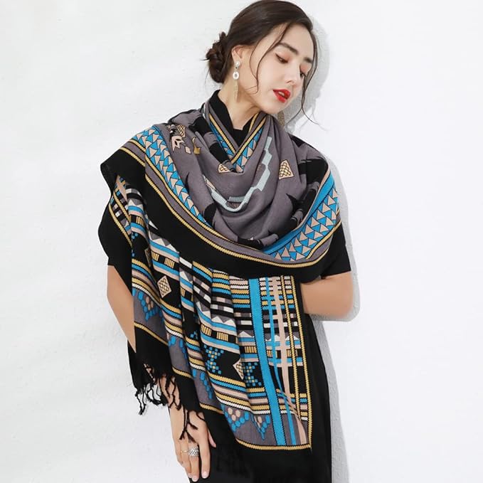 DANA XU 100% Merino Wool Pashmina Shawl for Women 96"x43", Oversized Cashmere Wrap with Tassels, Floral Travel Blanket Cape