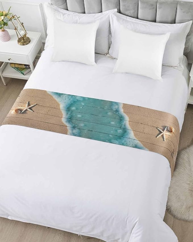 Coastal Ocean Starfish and Shell Sand Bed Runners for Bedroom Hotel,Decorative Bedding Scarf The Beach is My Happy Place Bed End Blanket Bedding Runner Scarves for King Size Bed,102x20in