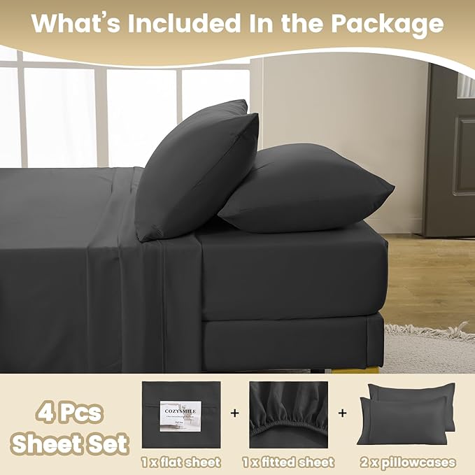 Twin XL Sheet Set -Hotel Luxury 4 Piece Silky Soft Breathable Cooling Twin Size Sheet Sets,Fits 16" Deep Pocket Mattress, Easy Care Wrinkle Free Bedding Sheet and Pillowcase Bed Sheet Set, Dark Gray