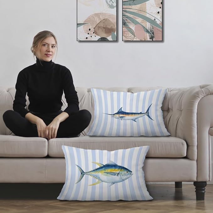 Coastal Beach Fish Pillow Covers 12x20 Set of 2, Ocean Marlin Tuna Fish Blue White Striped Lumbar Throw Pillow Covers for Boys Bedroom Beach House Home