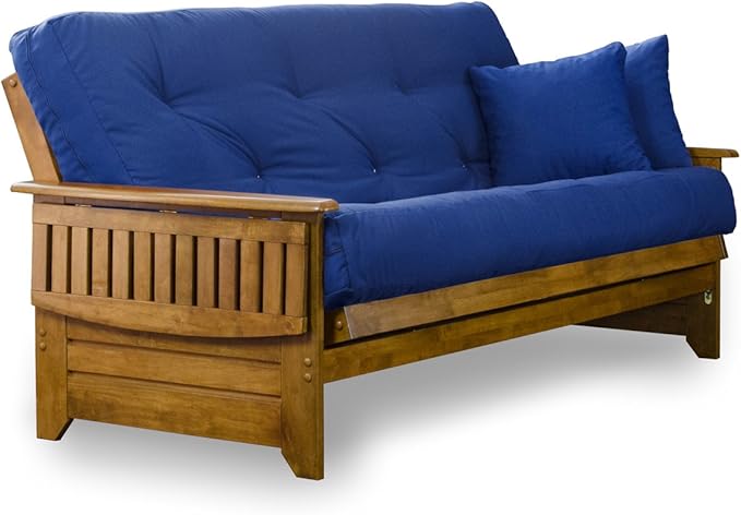 Nirvana Futons Brentwood Tray Arm Futon Sofabed Set - Full Frame, 8" Royal Blue Mattress, Rich Heritage Finish