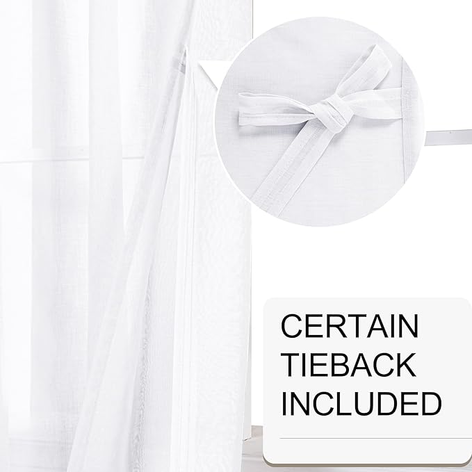 XWZO Faux Linen Sheer Curtains for Living Room, Light Filtering Privacy Solid Voile Textured Grommet Window Drapes with Tiebacks for Bedroom/Large Windows, White, W52 x L120, Set of 2 Panels