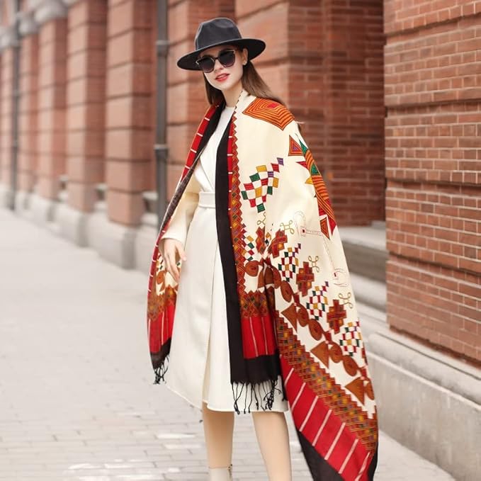 DANA XU 100% Merino Wool Pashmina Shawl for Women 96"x43", Oversized Cashmere Wrap with Tassels, Floral Travel Blanket Cape