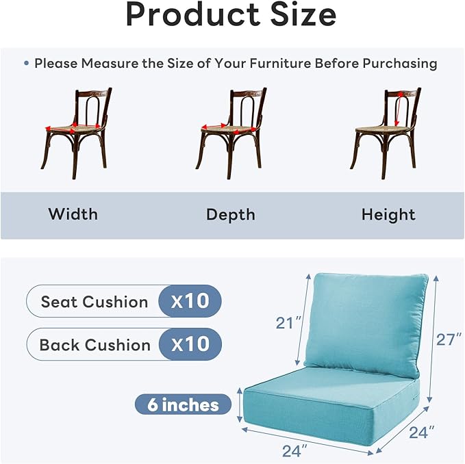 6" Thicker Outdoor Chair Cushion 10 Sets - 24" *24" *6" Waterproof Patio Furniture Cushions with Removable Cover, 28D High Density Sponge Filling Thicken Outdoor Patio Cushions - Turquoise