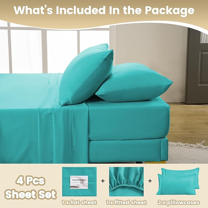 Breathable Cooling Full Sheet Set - Hotel Luxury 4 Piece Deep Pocket Sheets for Full Size Bed, Fits 16" Mattress, Easy Care Wrinkle Free Bedding Sheet and Pillowcase Set, Turquoise