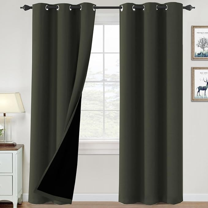 H.VERSAILTEX 100% Blackout Curtains for Bedroom Thermal Insulated Blackout Curtains Heat and Full Light Blocking Curtains for Living Room with Black Liner 2 Panels Set, 42 x 84 Inch, Olive