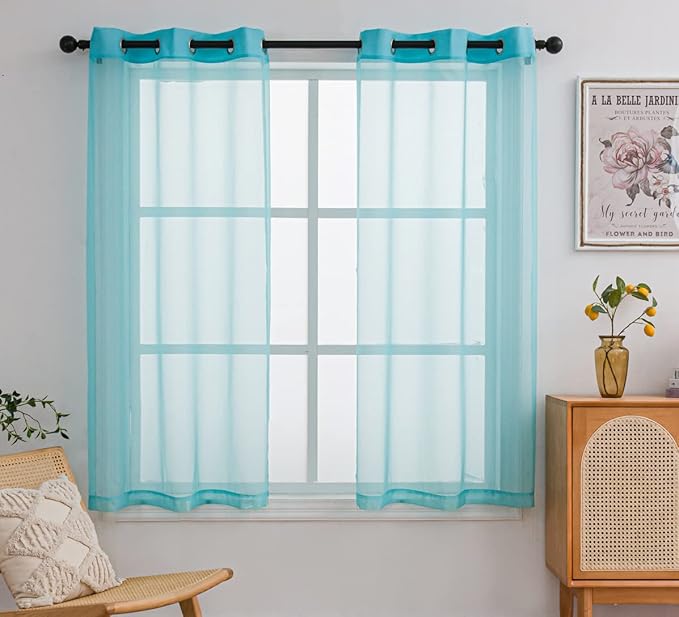 PI Teal Sheer Short Curtains 63 Inches Long with Ring Top,See Through Sheer Voile Window Treatment for Study Room/Kitchen 2 Panels (W42 X L63, Lake Blue)