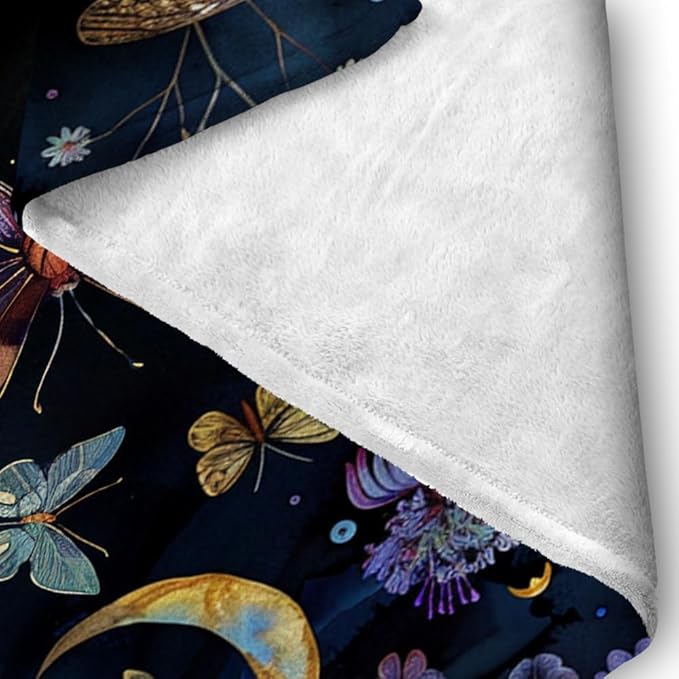 Celestial Witch Garden Throw Blankets Butterfly Moon Flower Fleece Throw Blanket,Dark Botanical Floral Plant Boho Cozy Decor Nap Blankets for Sofa Bed Couch Chair or Dorm Throws 40"x50"