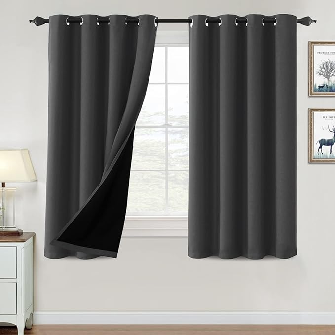 H.VERSAILTEX 100% Blackout Curtains for Bedroom Thermal Insulated Blackout Curtains 54 inch Length Heat and Full Light Blocking Curtains for Living Room with Black Liner 2 Panels, Charcoal Gray