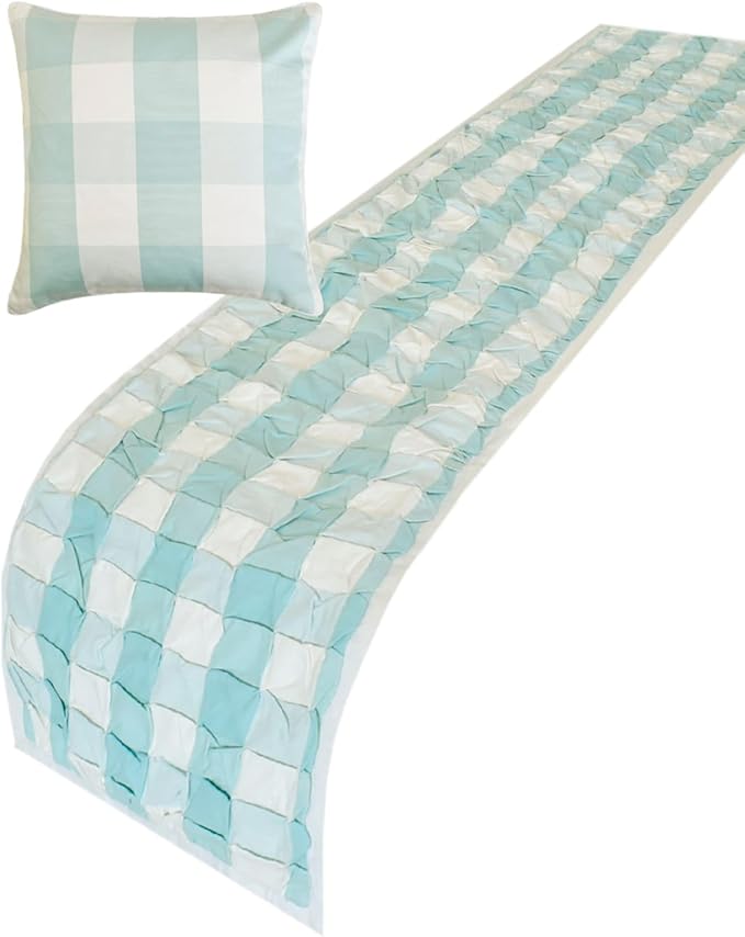 The HomeCentric King/Queen/Twin Aqua Decorative Bed Runner Full 68"x18" Bed Runner with Two Pillow Cover, Checkered, Buffalo Plaid, Check Bed Scarf on Cotton Fabric - Aqua Plaid Knots