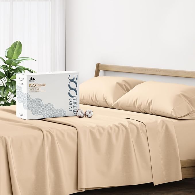 Mayfair Linen 100% Cotton Bed Sheets Queen Set - 500 Thread Count Cotton Sheets for Queen Size Bed, 4 PC Set (Sand), Ultra Soft, Cooling, Sateen Weave 16" Deep Pocket Bedsheet for Hot Sleepers