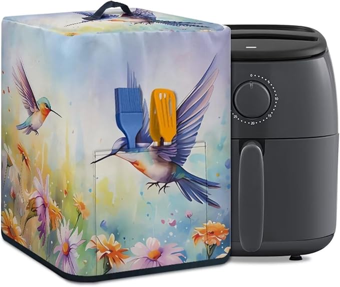 Air Fryer Cover - Stain Resistant, Washable Protective Cover with Front Pocket and Top Handle, Hummingbird Daisy Blue