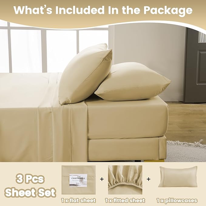 Holtel Luxury Twin Sheet Set - 3 Piece Soft Microfiber Sheets for Twin Size Bed, 16" Deep Pocket Easy Care Wrinkle Free Cooling Bedding Sheet and Pillowcase Set, Beige