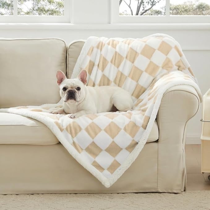 Checkered Dog Blanket, Beige Khaki Jacquard Sherpa Blankets for Small Dog and Cats, Cute Aesthetic Style Fluffy Fleece Pets Blanket for Couch Protection Washable, 40"x50"