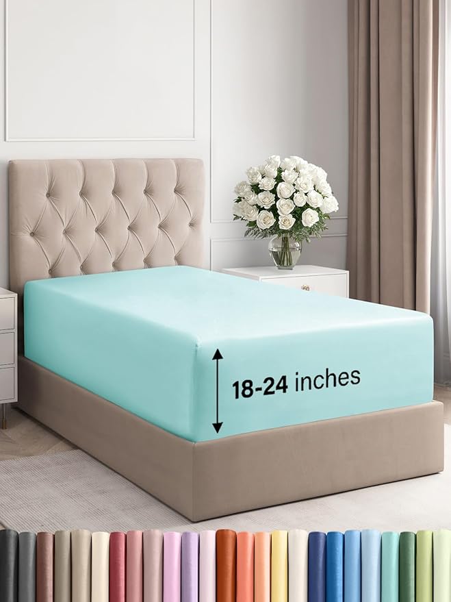 Extra Deep Twin Fitted Sheet - Hotel Luxury Single Fitted Sheet Only - Easily Fits 18 inch to 24 inch Mattress - Ultra Soft, Wrinkle & Fade Free w/Extra Deep Pockets - Breathable & Comfy - Spa Blue