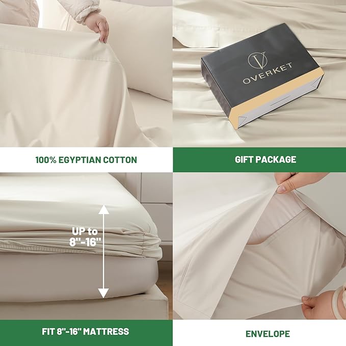 1000 Thread Count Egyptian Cotton Sheets Queen Size Set 4PCS Sateen Weave Soft Breathable 16-Inch Deep Pocket（Queen,Linen）