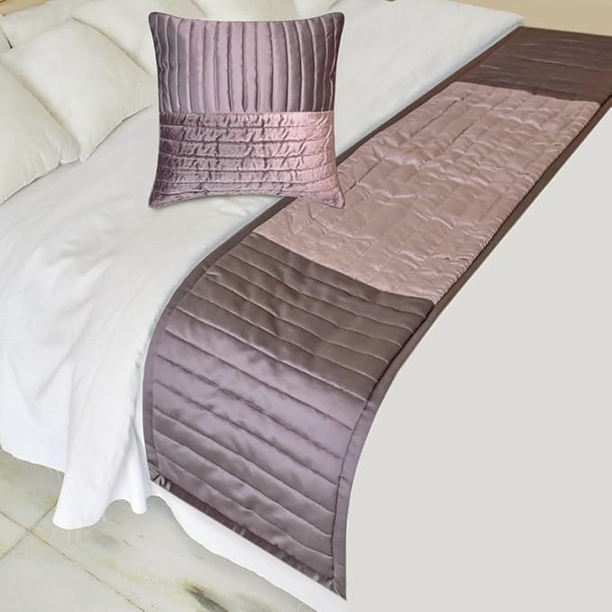 The HomeCentric King/Queen/Twin Purple Decorative Full 68"x18" Bed Runner with One Pillow Cover, Patchwork, Quilted, Striped Bed Scarf on Satin Fabric - Plum Radiance