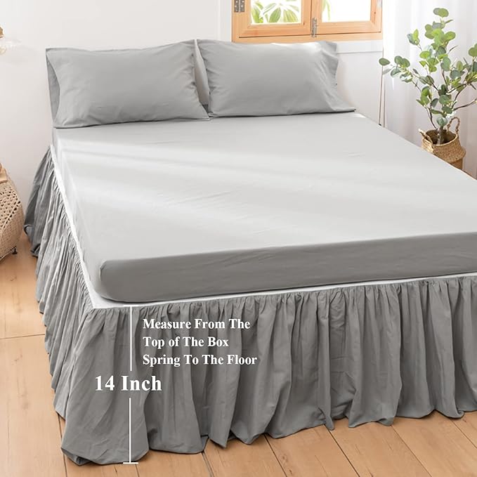 BISELINA French Linen Bed Skirt with Pleated Frills 14-Inch Tailored Drop Natural Flax Cotton Blend Dust Ruffle Soft Cozy Farmhouse Bedding (14" Twin, Grey)