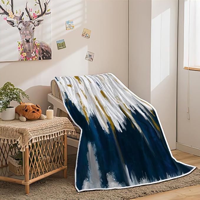 Abstract Ombre Throw Blankets, Modren Chic Art Oil Painting Cozy Warm Bed Couch Blanket, Blue Gold White Fleece Flannel Throws to Decorate The Room and Bedroom