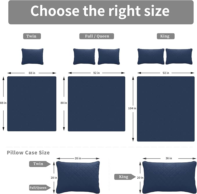 Easy-Going Full/Queen Size Reversible Quilt Set with 1 Quilt and 2 Pillow Shams, Soft Bed Quilt Cover, Water Resistant Lightweight Microfiber Bedspread, Stain Resistant, Dark Blue/Light Blue