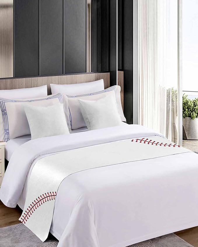Baseball Sports Texture Bed Runners for Bedroom Hotel,Decorative Bedding Scarf White Red Lines Bed End Blanket Bedding Runner Scarves for Twin Size Bed,71x20in