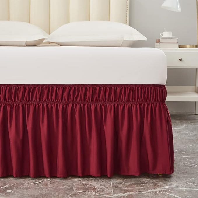 MEILA Wrap Around Bed Skirt Three Fabric Sides Elastic Dust Ruffled 24 Inch Tailored Drop,Easy to Install Fade Resistant-Burgundy, Twin/Full