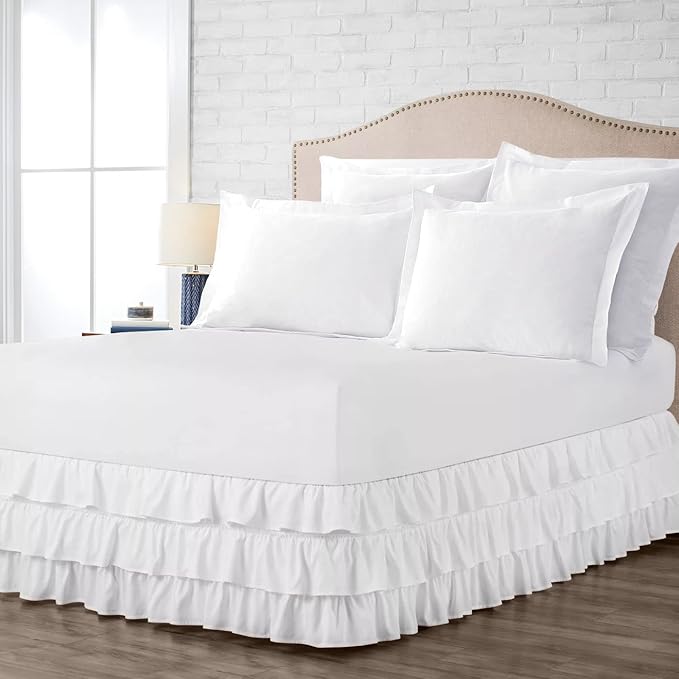 Multi-Ruffle Bed Skirt, Soft Multi Ruffle Bed Skirt Elastic Dust Ruffles with Wrap Around Bed Skirt Easy Fit with 18 Inch Drop 100% Cotton 800 Thread Count Bed Skirt (Queen XL, White)