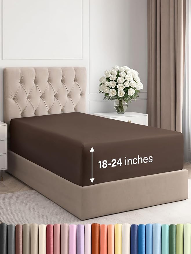 Extra Deep Twin XL Fitted Sheet - Hotel Luxury Single Fitted Sheet Only - Easily Fits 18 inch to 24 inch Mattress - Ultra Soft, Wrinkle & Fade Free w/Extra Deep Pockets - Breathable & Comfy - Brown