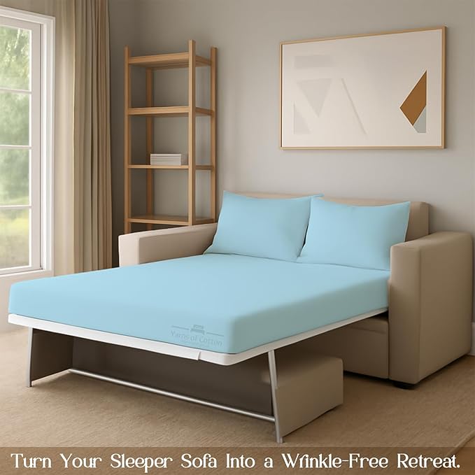 Sleeper Sofa 4 Piece Bed Sheet Set Premium Quality 100% Cotton 500 Thread Count, Smooth & Super Soft Sateen Weave, Extra Soft Bed Sheets, Wrinkle Free, 8 Inch Deep Pocket (Twin, Light Blue)