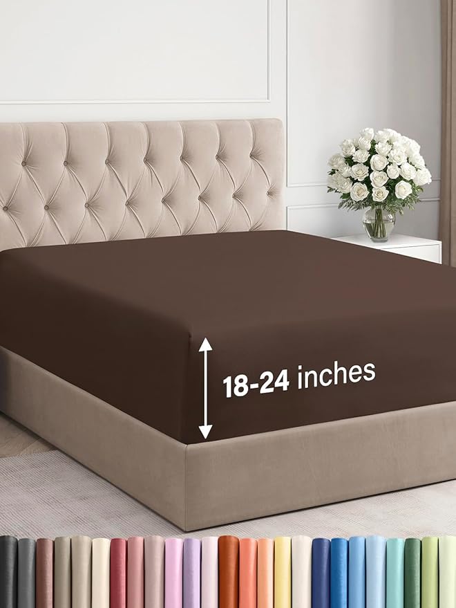Extra Deep Full Fitted Sheet - Hotel Luxury Single Fitted Sheet Only - Easily Fits 18 inch to 24 inch Mattress - Ultra Soft, Wrinkle Free w/Extra Deep Pockets - Easy-Care, Breathable & Comfy - Brown