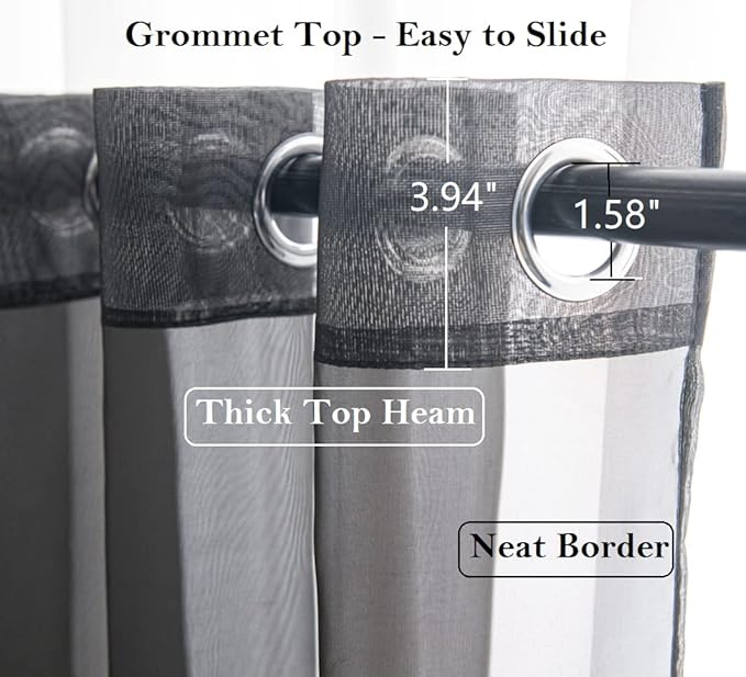 PI Black Sheer Tier Curtains 36 Inches Length with Ring Top,Small Polyester Casual Modern Café Curtains for Kitchen/Bathroom/Farmhouse/Basement 2 Panels(Black,W42XL36)