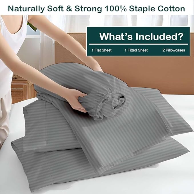 NON Sticky cotton Full Size Sleeper Sofa Sheets, 4 Piece Egyptian Cotton Bed Sheet Set for Sofa Bed, 8" Deep Pocket for Pull Out Couch Mattress, 54" x 75", Light Grey Stripe, Soft & Breathable