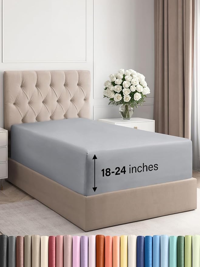 Extra Deep Twin Fitted Sheet - Hotel Luxury Single Fitted Sheet Only - Easily Fits 18 inch to 24 inch Mattress - Ultra Soft, Wrinkle & Fade Free w/Extra Deep Pockets - Breathable & Comfy - Steel Blue