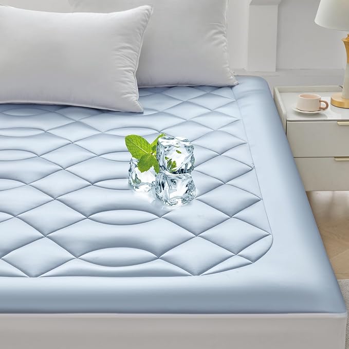 Cooling Mattress Topper Queen Size - Pillow Top Mattress Pad for Hot Sleepers - Breathable Ultra Soft Mattresses Protector with 8-21 Inch Deep Pocket (60x80 inch, Blue)