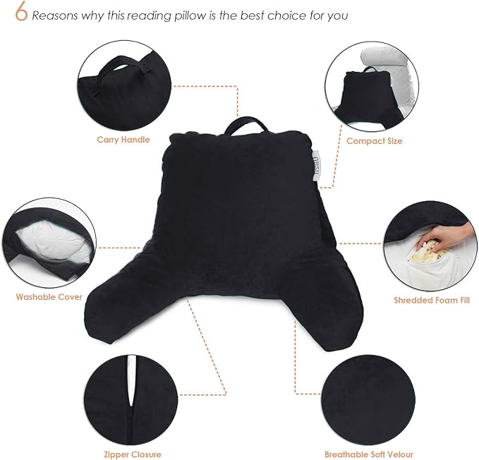 Nestl Reading Pillow for Kids & Teens with Shredded Memory Foam, Backrest Pillows for Reading, Watching, and Gaming, Use on The Couch, Bed, or Floor, Adjustable Support with Washable Cover Black