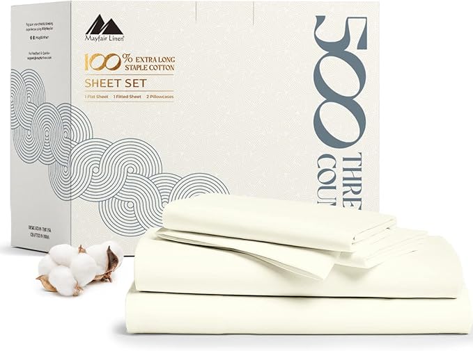Mayfair Linen 100% Cotton Bed Sheets Full Sheet Set - 500 Thread Count Sheets Full Size 4 PC Set (Ivory), Soft, Cooling, Hotel-Quality 16" Deep Pocket Sateen Weave Cotton Bedsheet for Hot Sleepers