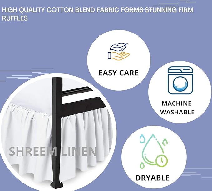 Shreem Linen Ruffled Bed Skirt with Split Corners, Gathered Style, 100% Microfiber, 28-Inch Drop, Dust Ruffle Bedskirt with Platform, Olympic Queen, White