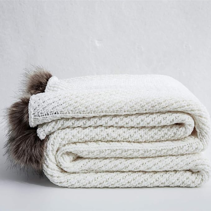 vctops Fur Pom Pom Knit Throw Blanket Super Soft Warm Cozy Cable Knitted Blanket for Sofa and Couch 51 x 63 Inch White