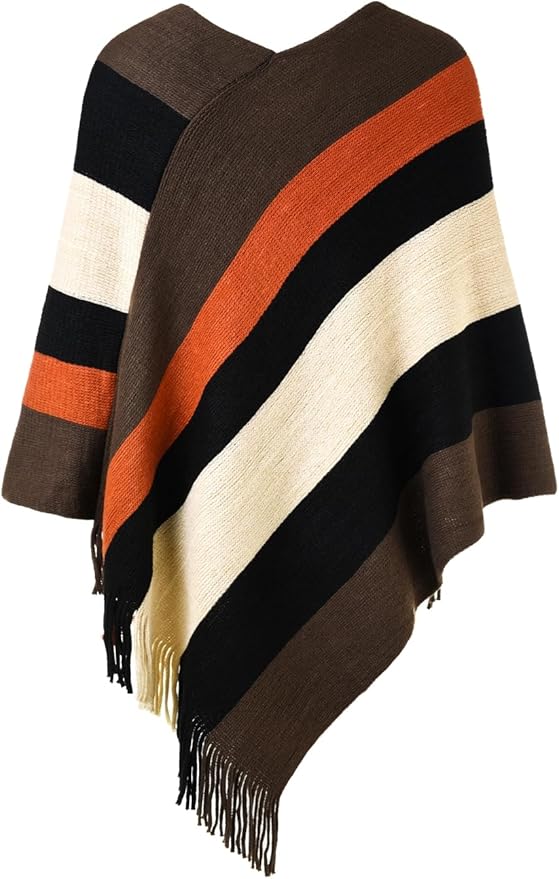 Ferand Women's Striped Poncho Sweater Cozy Knit Fringe Shawl Wraps for Fall Winter