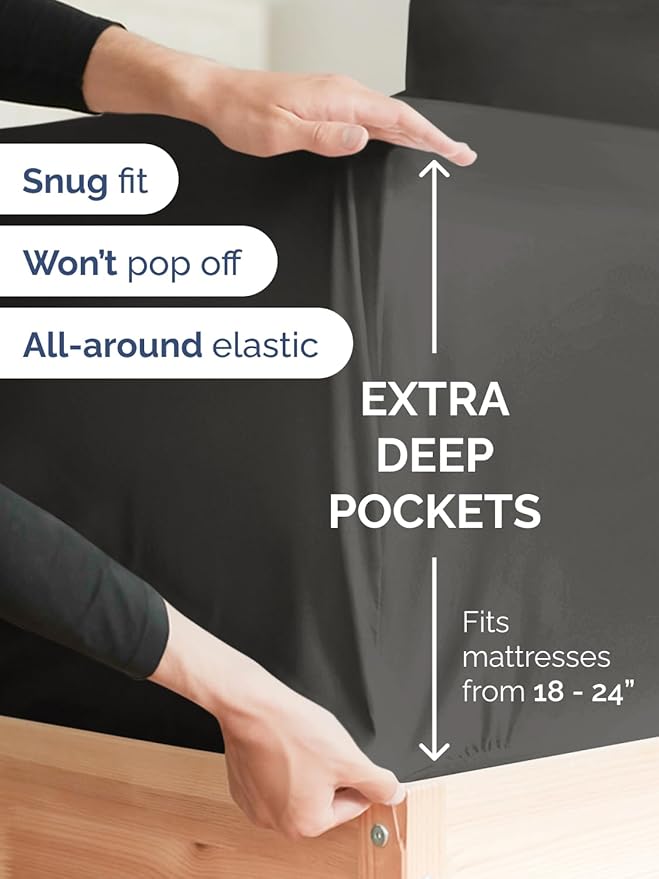 Extra Deep Twin XL Fitted Sheet - Hotel Luxury Single Fitted Sheet Only - Easily Fits 18 inch to 24 inch Mattress - Ultra Soft, Wrinkle & Fade Free w/Extra Deep Pocket - Breathable & Comfy - Charcoal