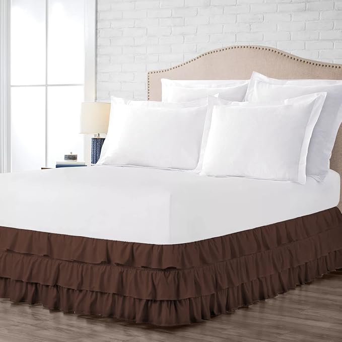Multi-Ruffle Bed Skirt, Soft Multi Ruffle Bed Skirt Elastic Dust Ruffles with Wrap Around Bed Skirt Easy Fit with 18 Inch Drop 100% Cotton 800 Thread Count Bed Skirt (Twin XXL, Chocolate)
