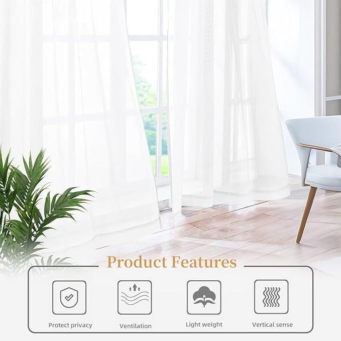 White Sheer Curtains 54 Inches Long 2 Panels, Rod Pocket Short Curtain for Kitchen, Bedroom, Cafe Window(White 38" W x 54" L)