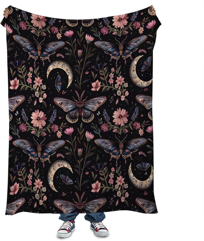 Moon Moth Throw Blanket 60"x80" Soft Cozy Lightweight Flannel,Mystical Night Garden Botanical Celestial Blankets Gifts for Women Gothic Witchy Blanekts for Couch Office Travel Home Decor