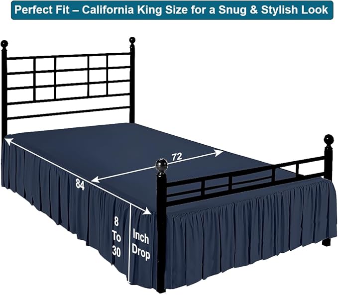 Shreem Linen Ruffled Bed Skirt with Split Corners, Gathered Style, 100% Microfiber, 18-Inch Drop, Dust Ruffle Bedskirt with Platform, Cal-King, Navy Blue