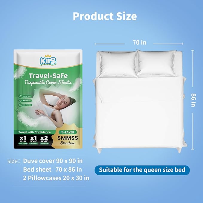 KIIS Travel-Safe Disposable Cover Sheets for Travel, Disposable Bed Sheet, Disposable Duvet/Comforter Cover, Disposable Pillowcases, Perfect for Hotels & Trips (Queen Size)